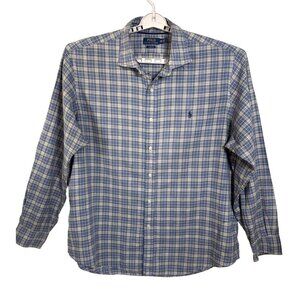 Ralph Lauren Polo Shirt Size XXL 2XL Blue Classic‎ Plaid Long Sleeve 100% Cotton